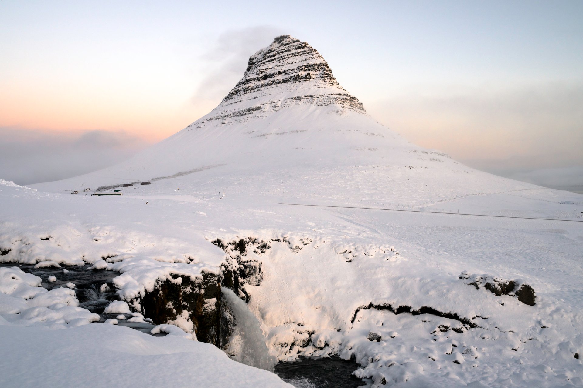 Iceland landscape with waterfalls and mountains