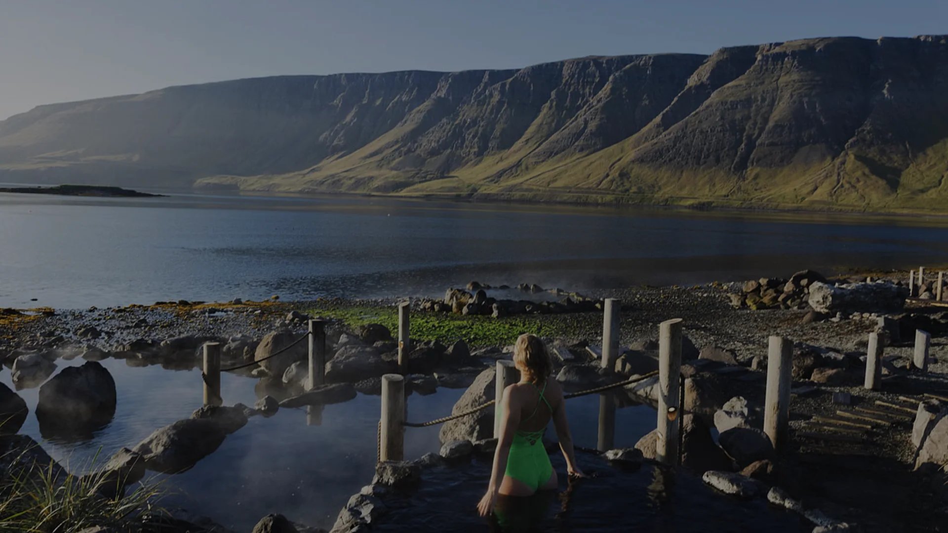 Dramatic coastal view of Hvammsvík Hot Springs location