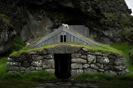 Close up of the turf house of Rútshellir in the Icelandic South Coast