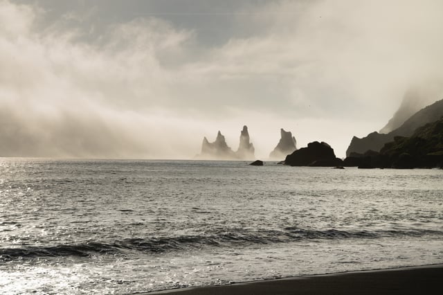 The most famous sea pillars of the south coast of Iceland: Reynisdrangar photographed before sunset