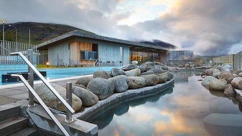 Fontana Spa overlooking Lake Laugarvatn with steam rising