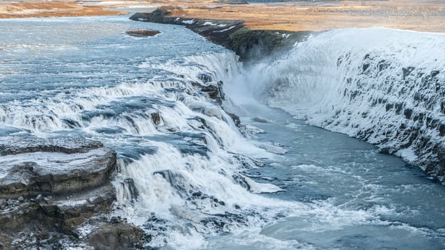 One of the most beautiful waterfall in Iceland: Gullfoss during a sunny winter day on the Golden Circle