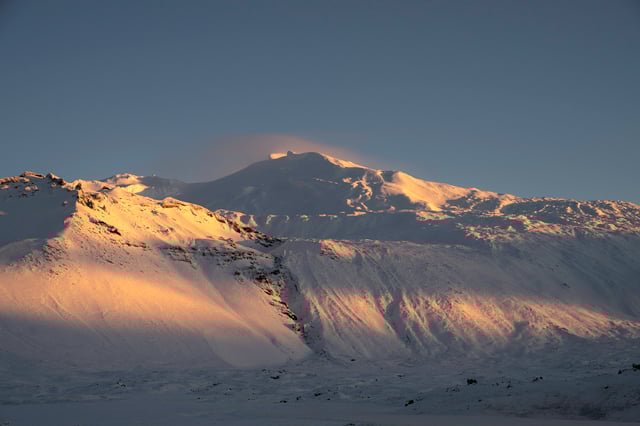 The top of the Snæfellsjökull Volcano under the snow at sunset