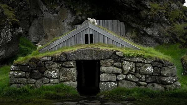 Close up of the turf house of Rútshellir in the Icelandic South Coast