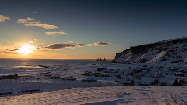 Winterscape in the town of Vík on the icelandic south coast