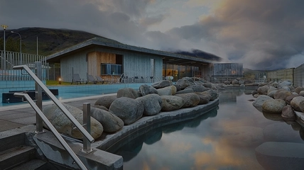 Panoramic view of Fontana Spa and Lake Laugarvatn geothermal area
