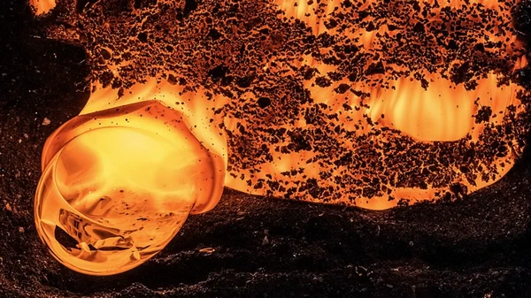 Close-up of glowing lava at 1100°C