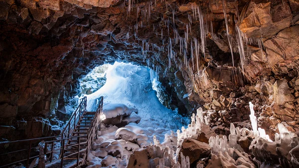 Natural skylight opening in lava tube ceiling