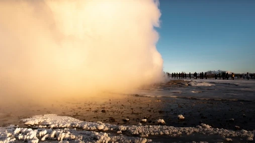 Remains of a cloud of steam after a geyser blew up in front of a crowd in Iceland
