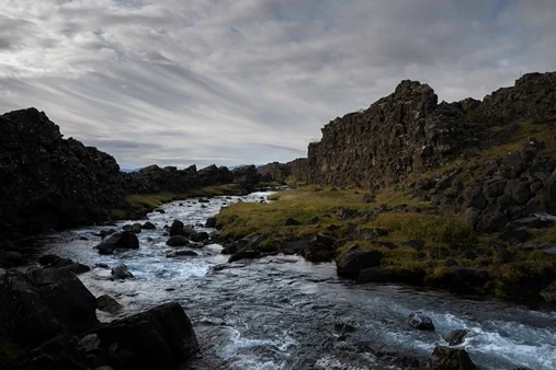 River flowing at the bottom of the North American Tectonic plate in Þingvellir National Park