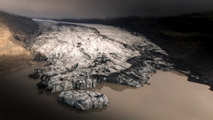 Panorama from the heights of Vík at sunrise on a winter day